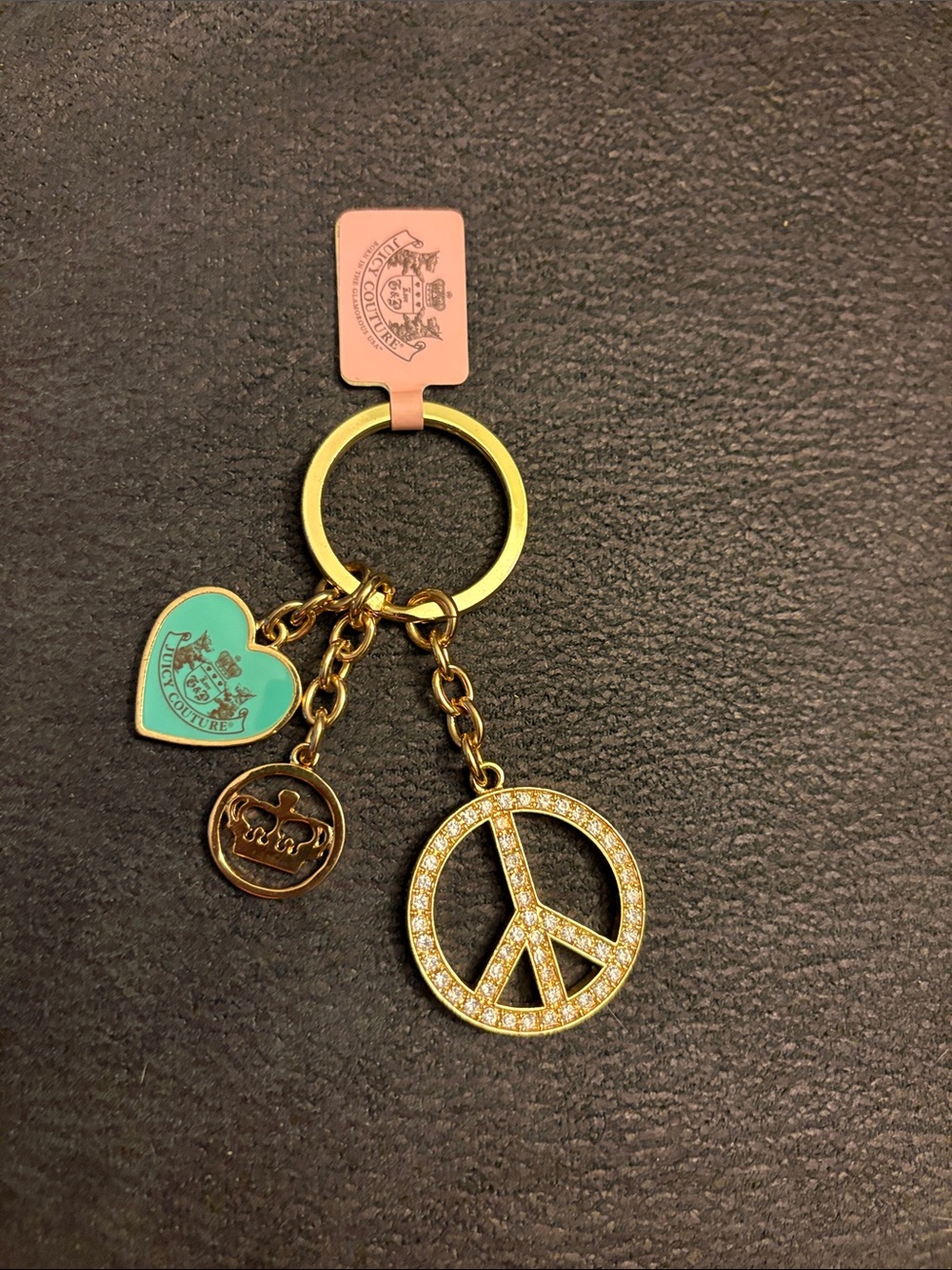 Vintage Y2K Juicy Couture Gold Crystal Peace Sign Keychain with Turquoise Heart